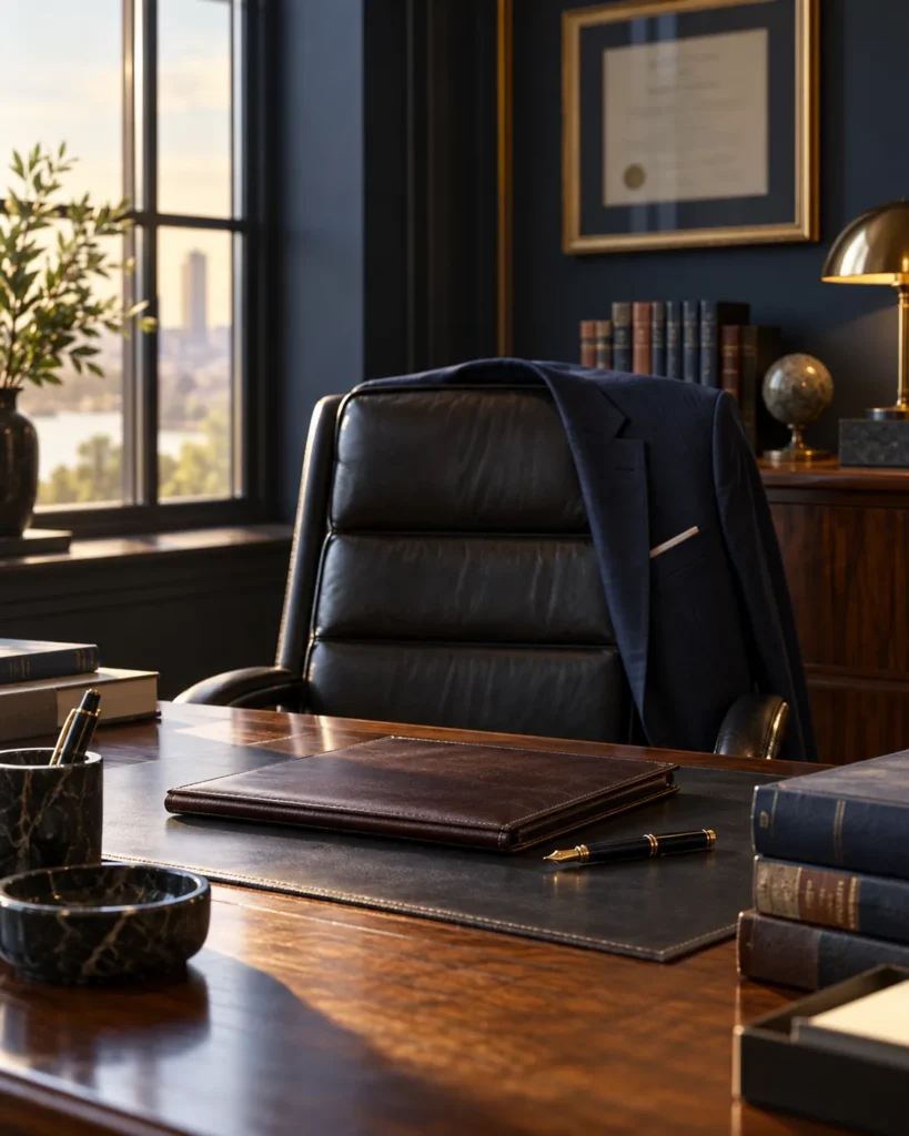 Director's office: a leather chair with a jacket, a desk with a folder and a fountain pen, city view through the window