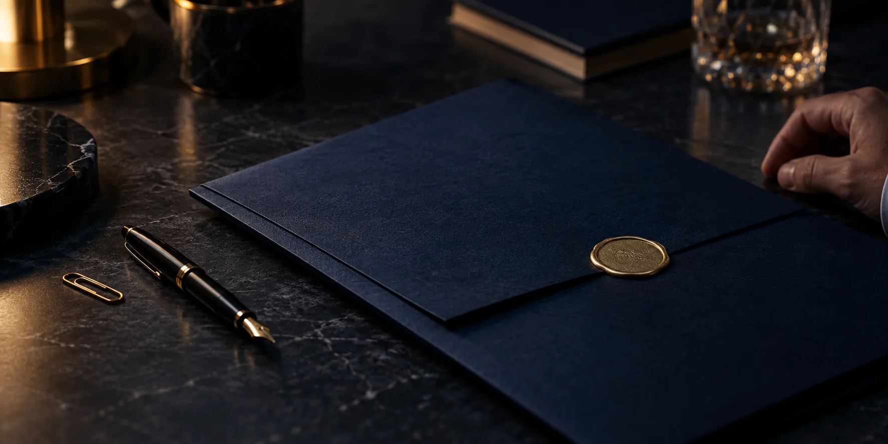 Sealed dark blue folder and a fountain pen on a marble desk