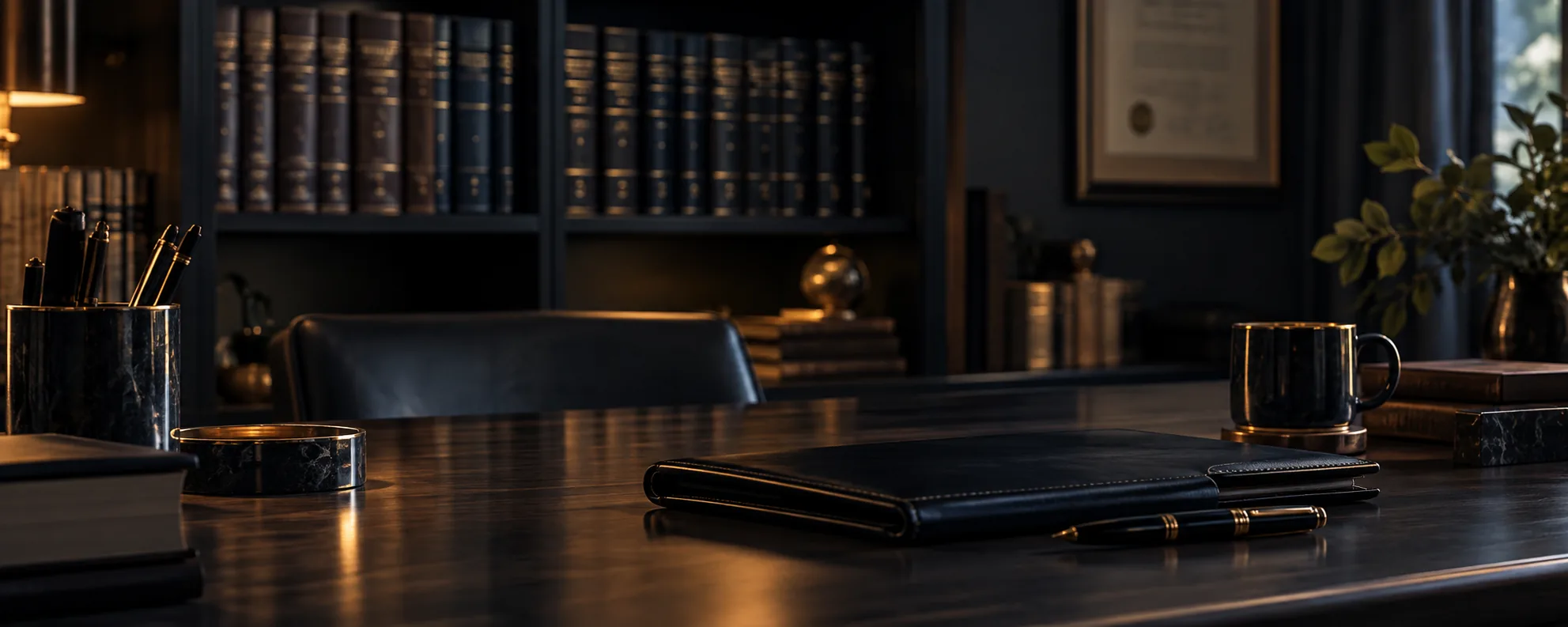 Office with a bookcase of bound volumes and a desk with documents