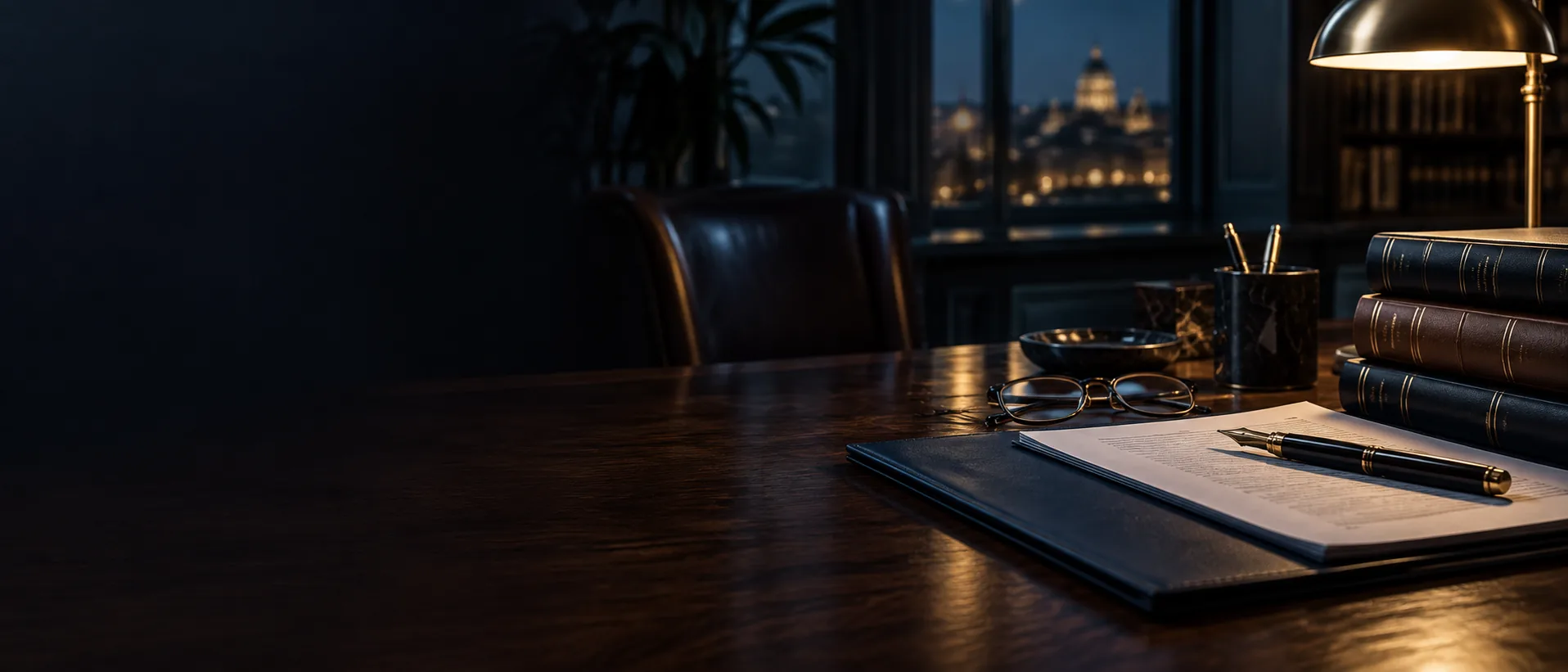 Documents, a fountain pen and bound volumes on a desk under a brass lamp, evening city view