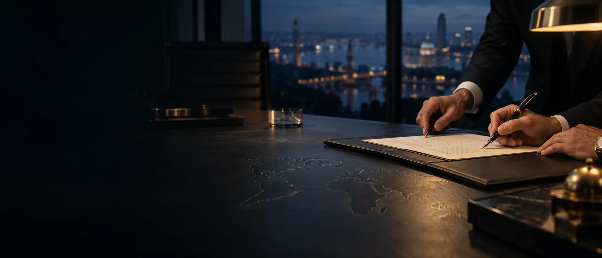 Two people signing an agreement at a marble desk, city lights beyond the window