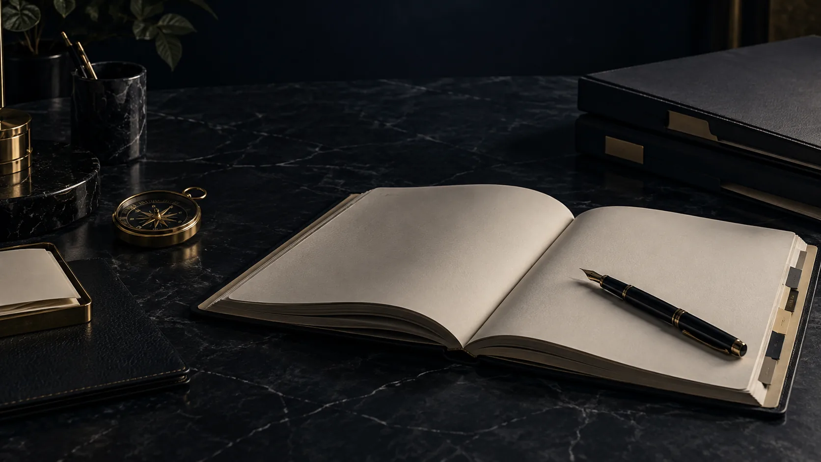 Open notebook with a fountain pen on a marble desk