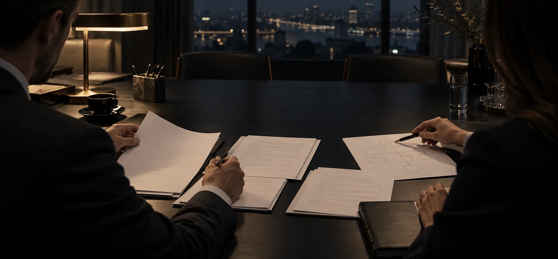 Advisers working through documents at a meeting table in the evening