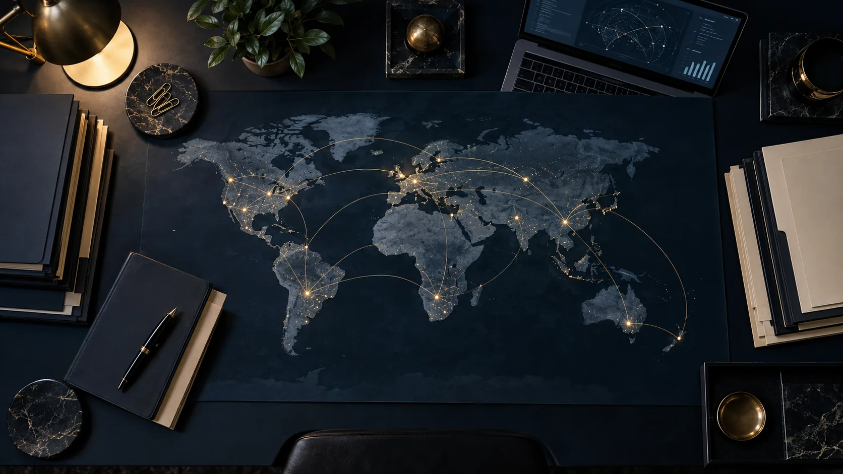 World map with connected locations on a desk among files and notebooks