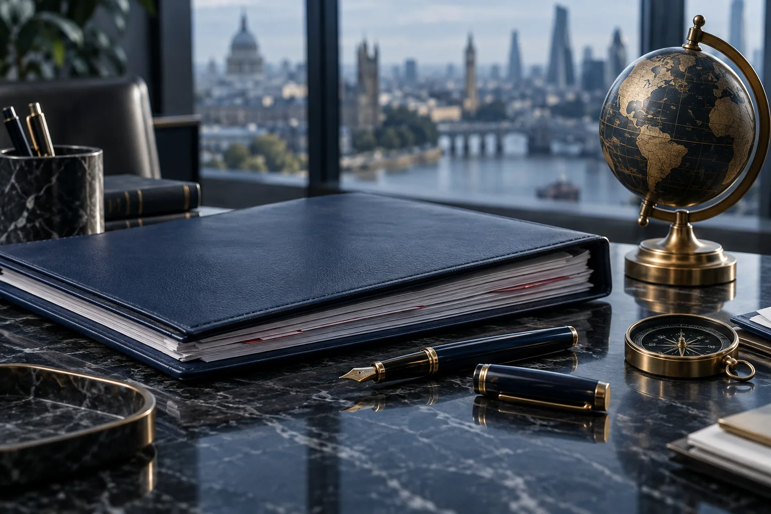 Dark blue binder, fountain pens, a compass and a globe on a marble desk by a window