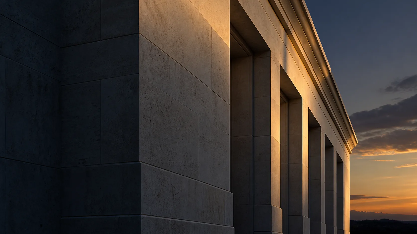 Limestone facade of an institutional building with deep window reveals at sunset