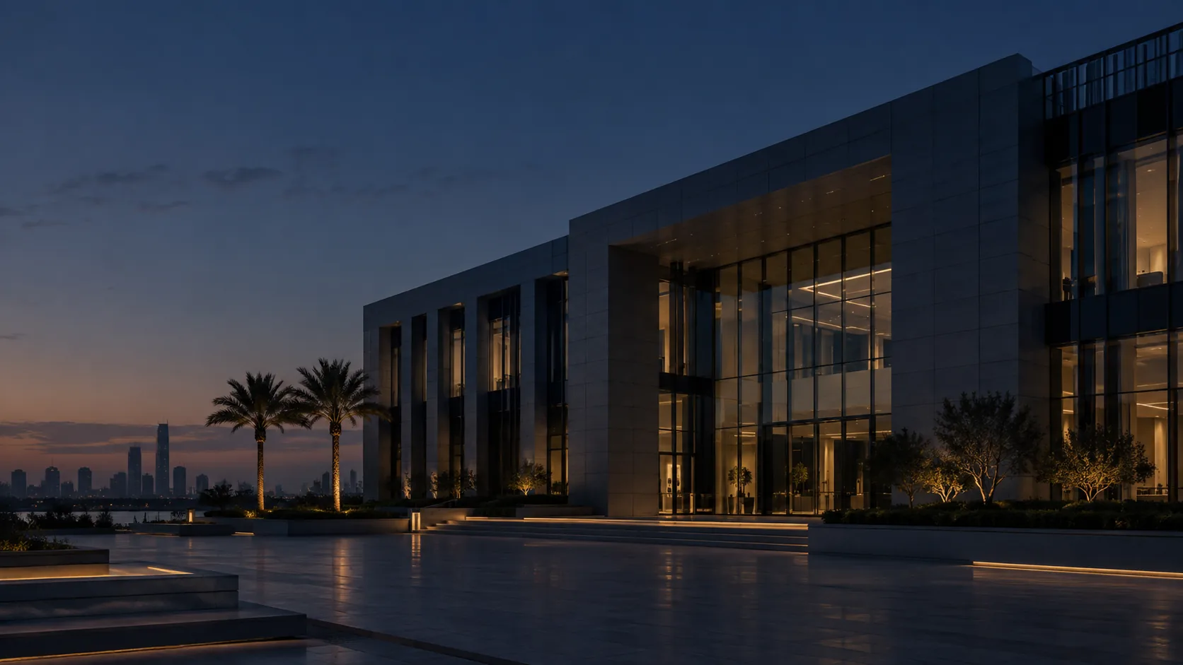 Modern office building with palm trees and a lit glass lobby at dusk