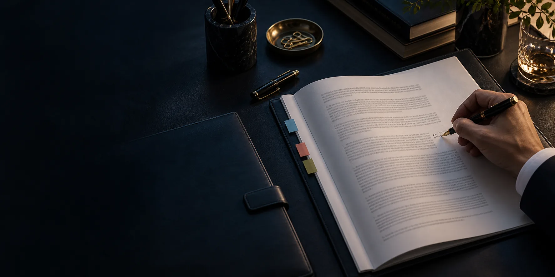 Hand annotating a contract with coloured tabs in a leather folio