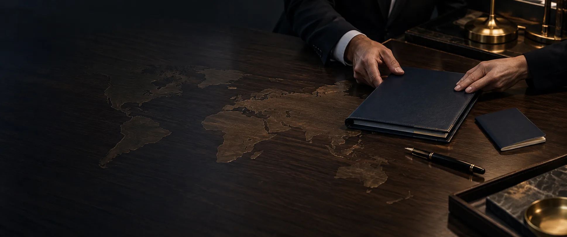 Hands placing a dark folder on a desk inlaid with a world map