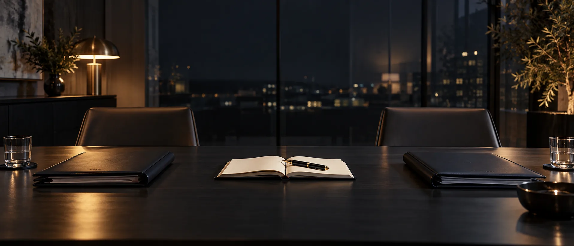 Meeting table prepared with folders and an open notebook, city lights at night