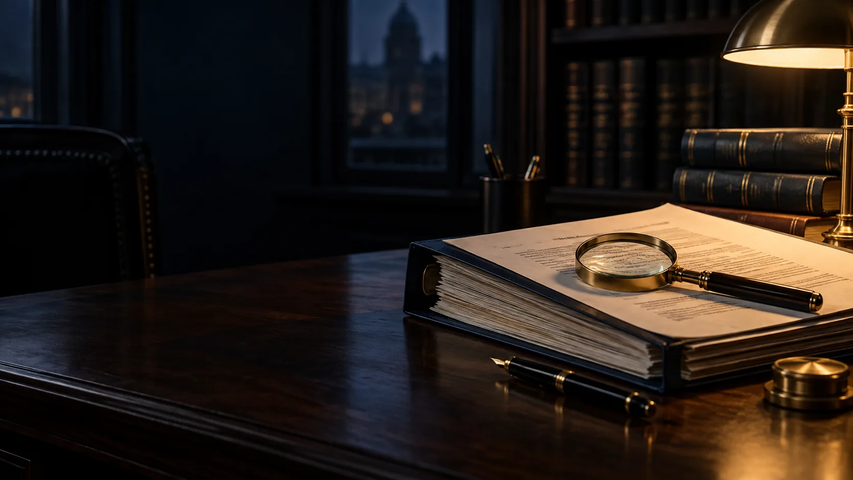 Magnifying glass on a thick binder of documents under a brass desk lamp