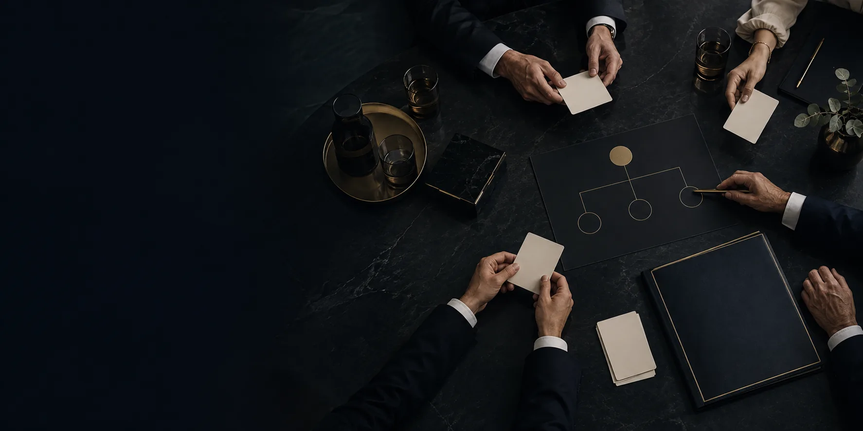 Advisers arranging cards around an ownership chart on a dark table, seen from above