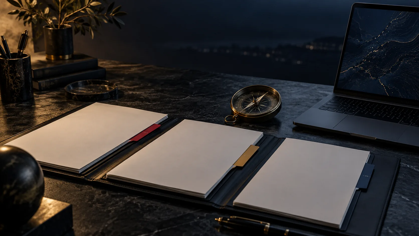 Three open briefing folders, a compass and a laptop on a marble desk at night
